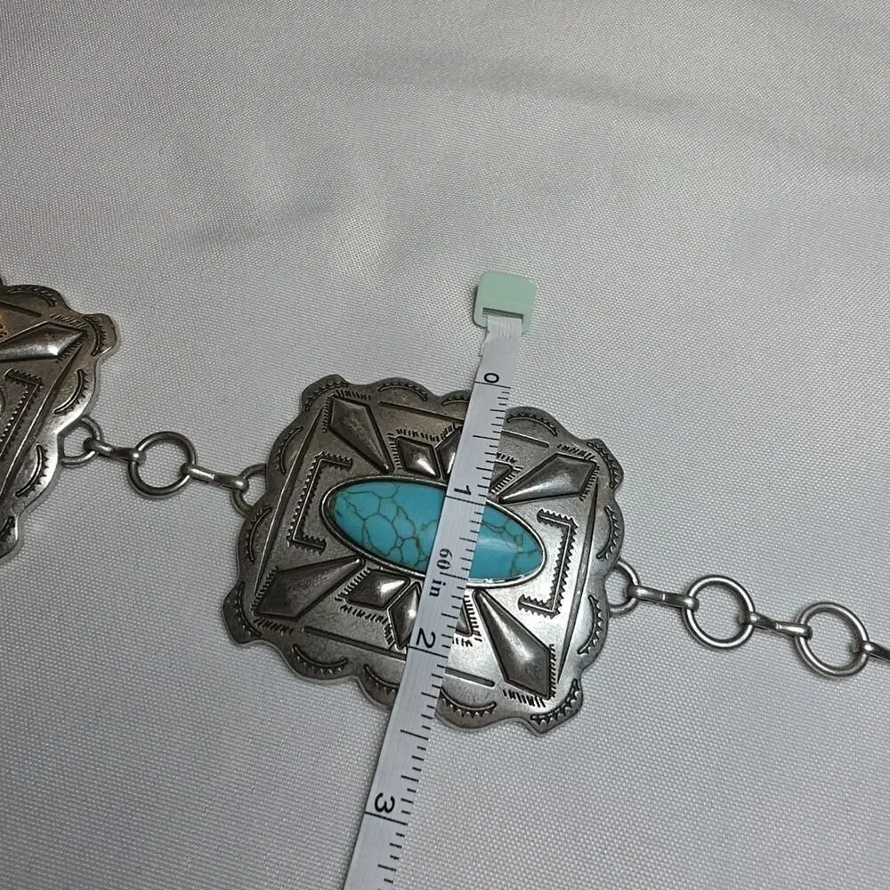 Rectangular Silver Tone Turquoise Concho Chain Western Belt Womens M Festival - Picture 7 of 11